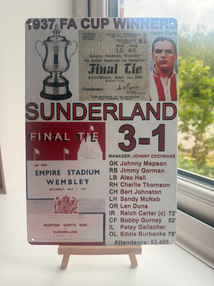 Sunderland 1937 FA Cup winner Metal sign with trophy and player image