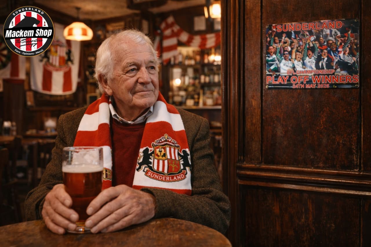 Man in a pub wearing a Sunderland scarf and holding a pint of beer looking at Sunderland AFC EFL Championship metal sign.