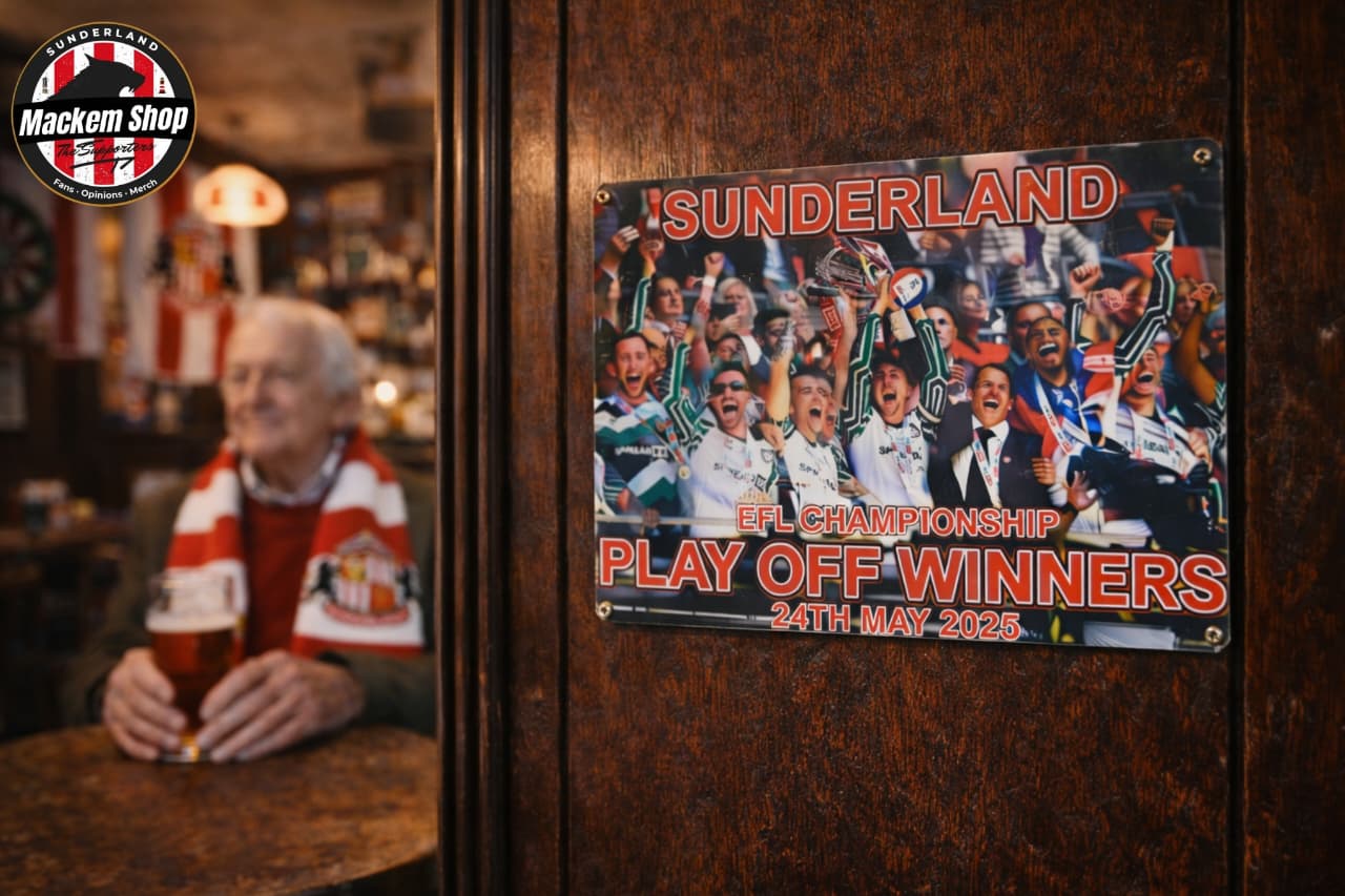 Metal sign celebrating Sunderland's play-off winners on a wooden door in a bar.