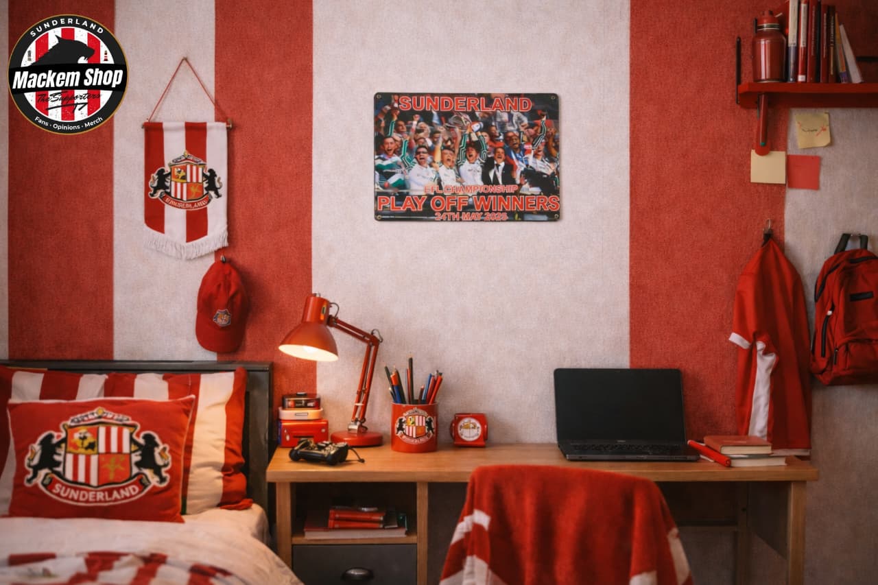 Sunderland AFC EFL Championship metal sign in a Room with red and white decor, including a bed, desk, and wall decorations.