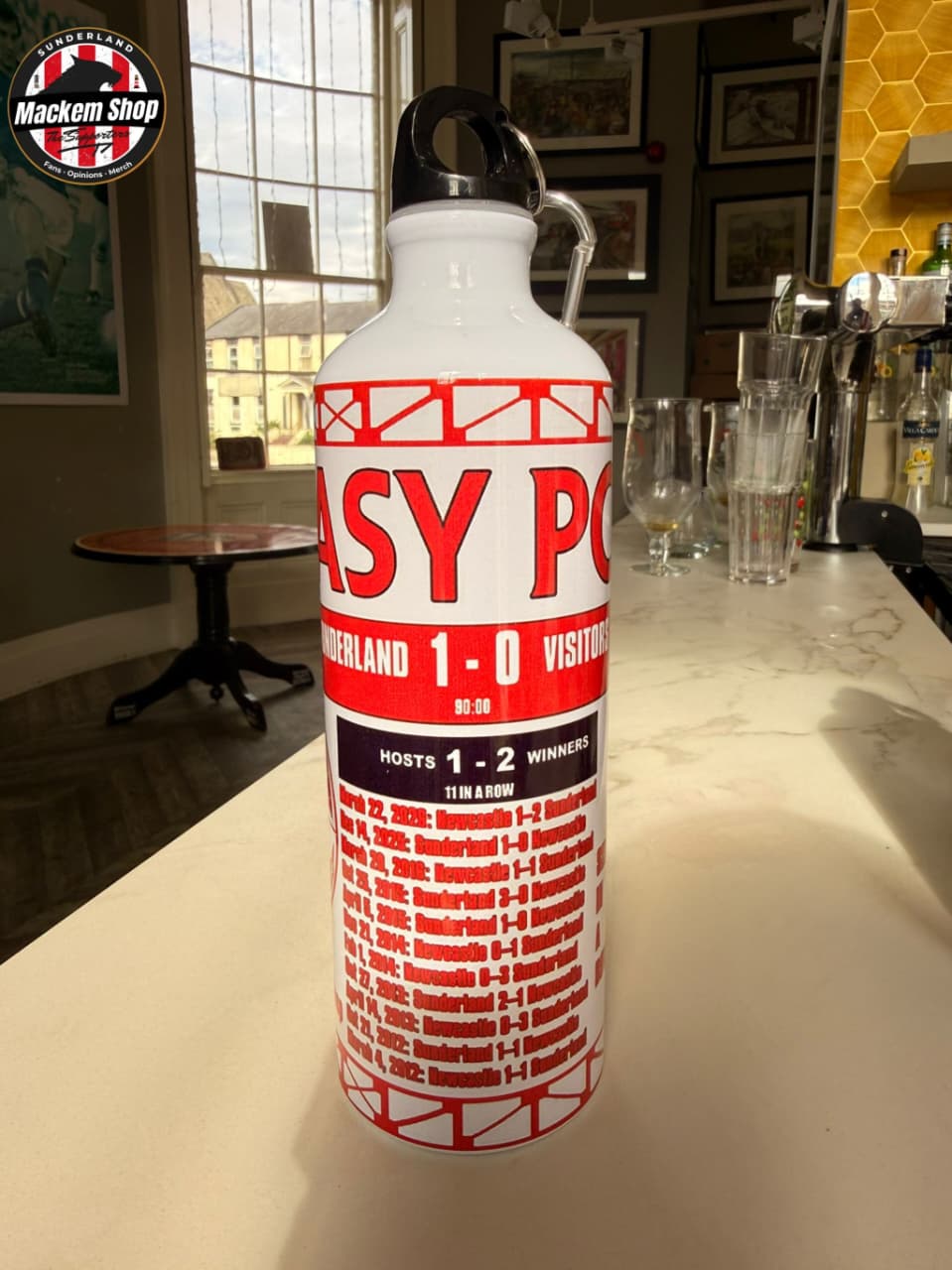 Six Easy Points Euro Edition 750ml Sunderland sports bottle by MackemShop with European Tour and scoreboard-themed artwork.