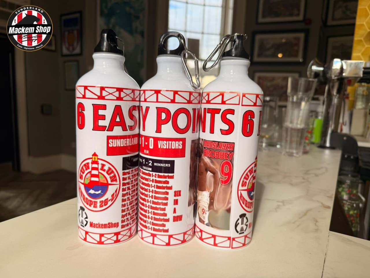 Six Easy Points Euro Edition 750ml reusable Sunderland bottle by MackemShop with premium full-colour Six Easy Points graphics.
