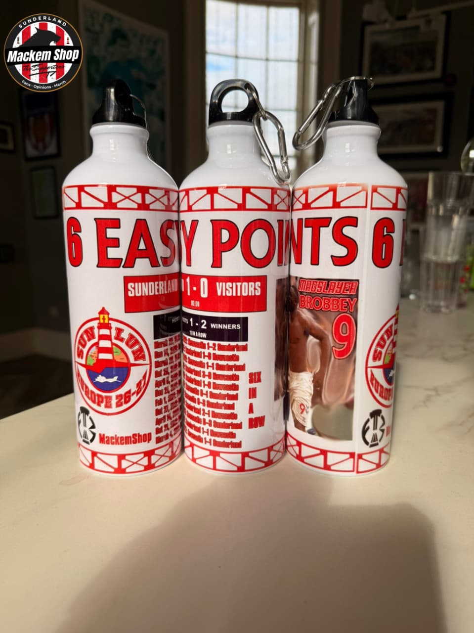 Sunderland fan water bottle with bold red and white Six Easy Points artwork.