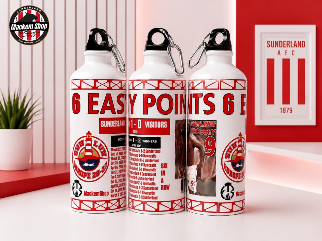 6 Easy Points – Euro Edition 750ml reusable Sunderland water bottle with exclusive MackemShop design.
