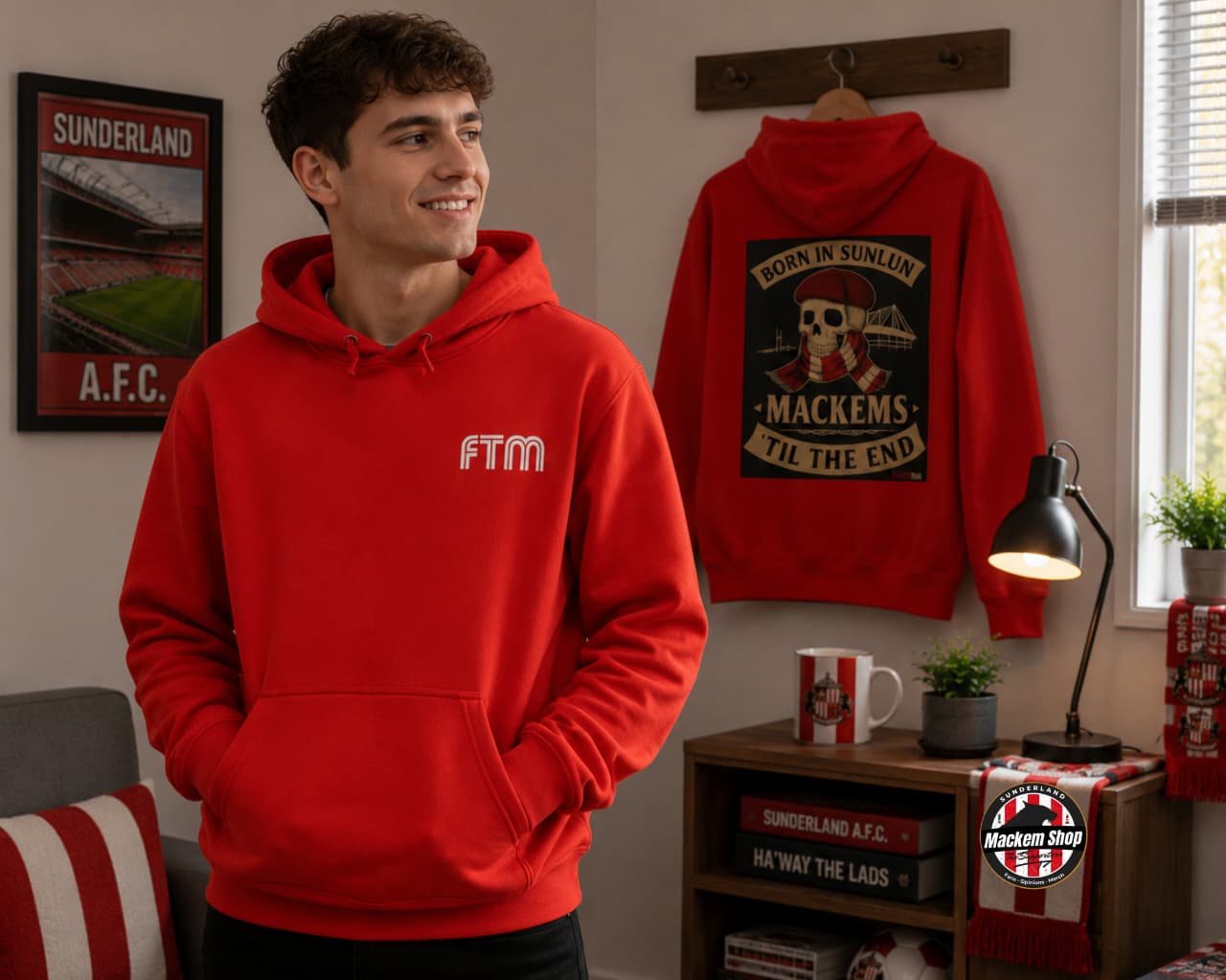 Person wearing a red hoodie with 'FTM' logo in a room with another red hoodie and decor.