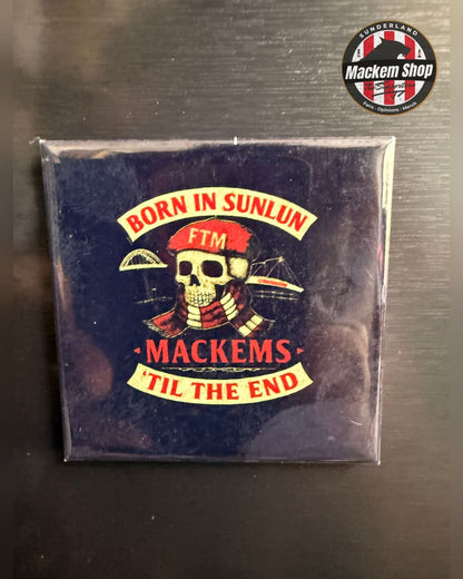 Fridge magnet with skull design and text on a metallic surface, featuring the 'Mackem Shop' logo.