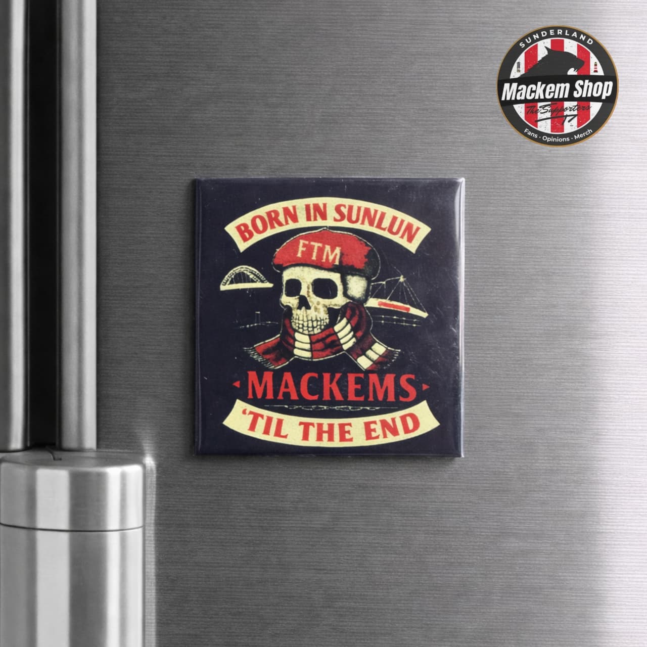 Fridge magnet with skull design and text on a metallic surface, featuring the 'Mackem Shop' logo.