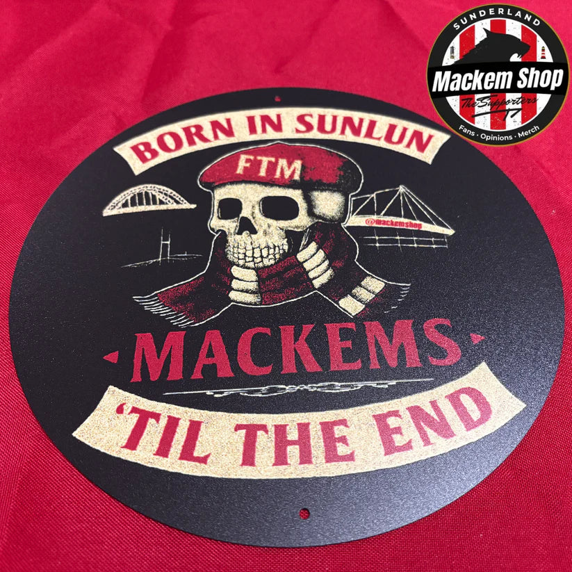 Circular design with skull and text on a red background, featuring the 'Mackem Shop' logo.