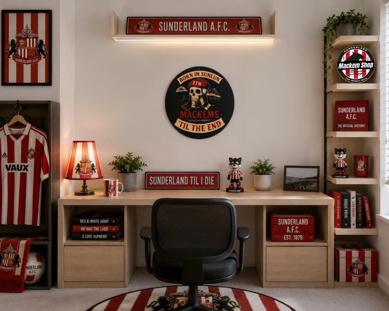 Home office with Sunderland A.F.C. themed decor, including a desk, chair, and various memorabilia.
