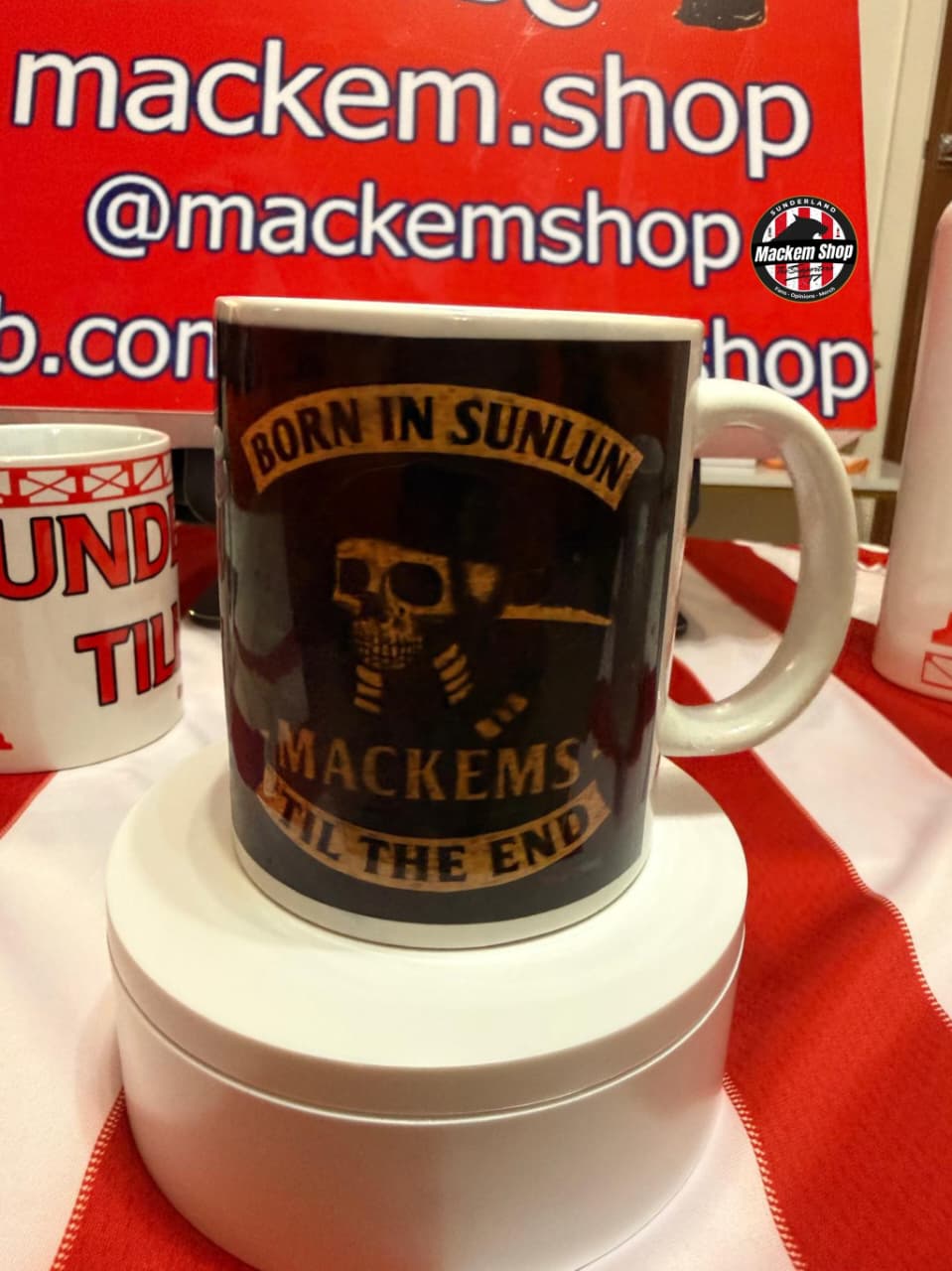 Mug with 'Born in Sunlun, Mackems Till the End' text on a red background with 'mackem.shop' branding.
