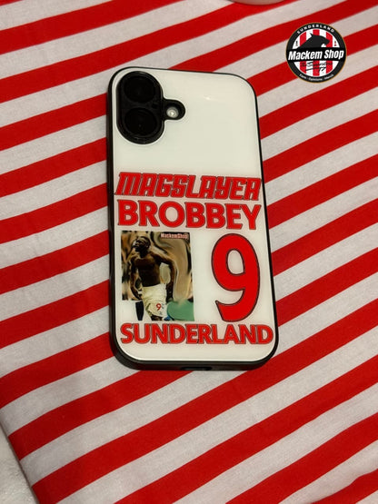 Phone case with text and a photo on a red and white striped background