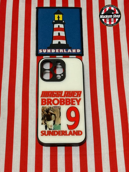 Phone case with Sunderland lighthouse design and text on a red and white striped background