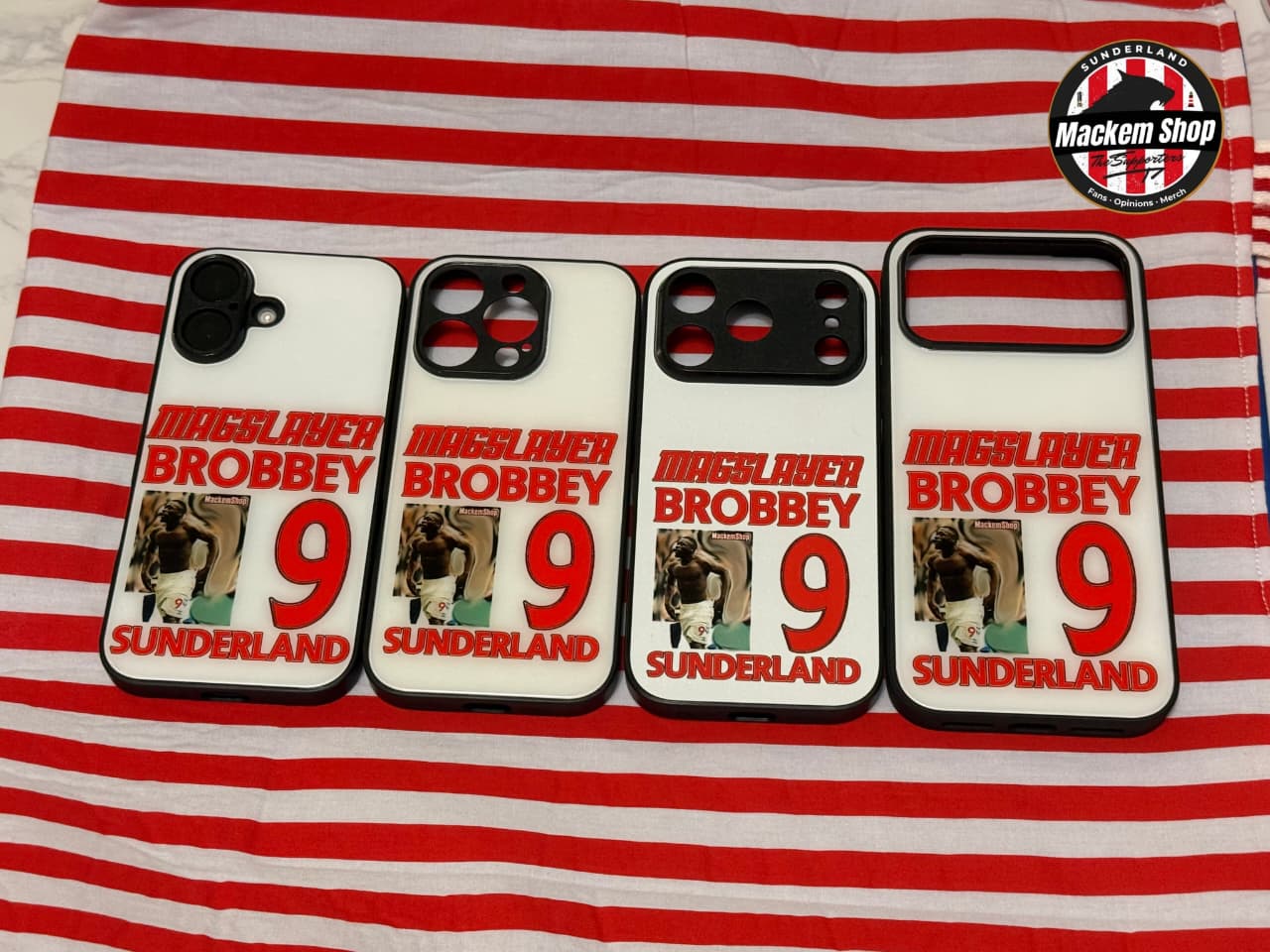 Four phone cases with 'Mackem Shop' branding and text on a red and white striped background.