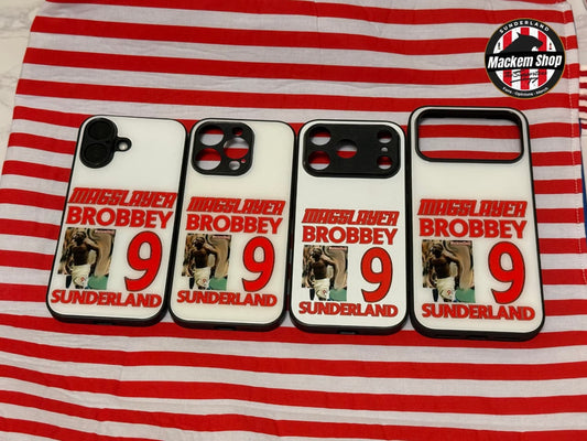 Four phone cases with 'Mackem Shop' branding and text on a red and white striped background.