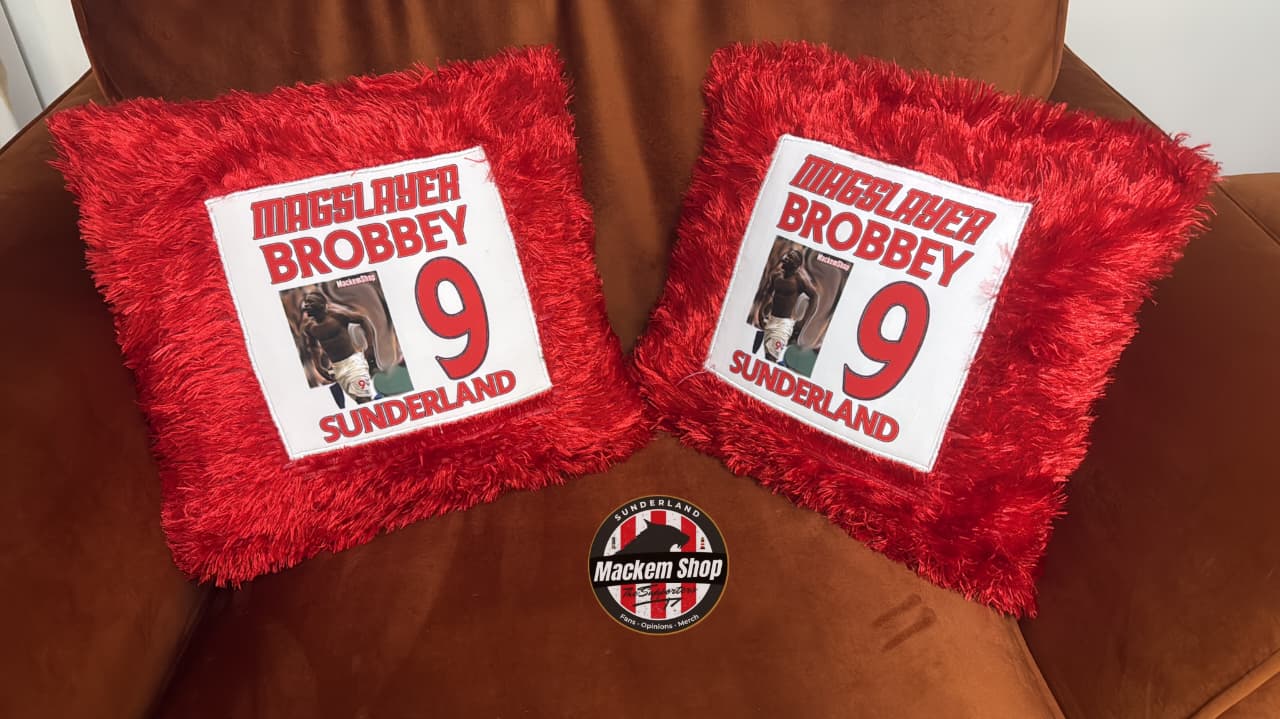 Two red pillows with printed text and images on a brown surface, featuring the 'Mackem Shop' logo.