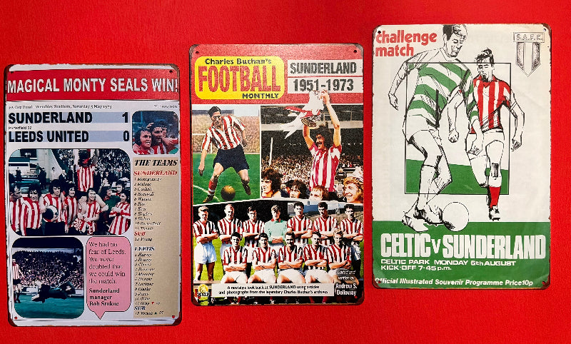 Three vintage soccer program covers on a red background