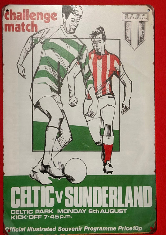 Soccer match program cover featuring Celtic and Sunderland players on a red border.