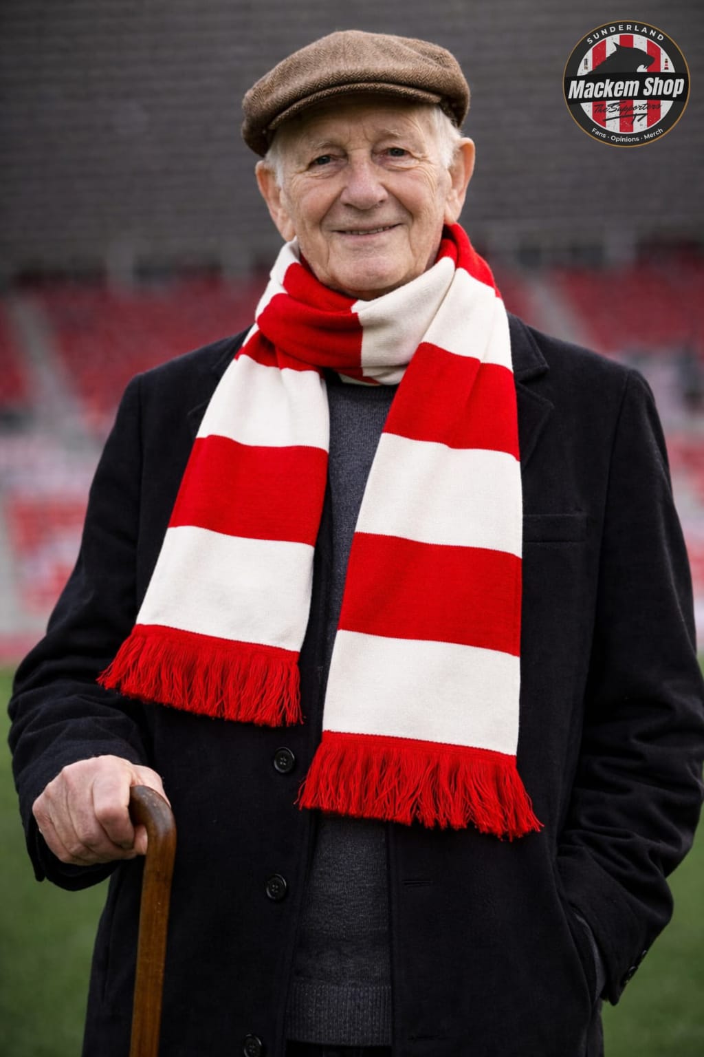 Man wearing a Classic Sunderland red and white striped scarf with a blurred stadium background