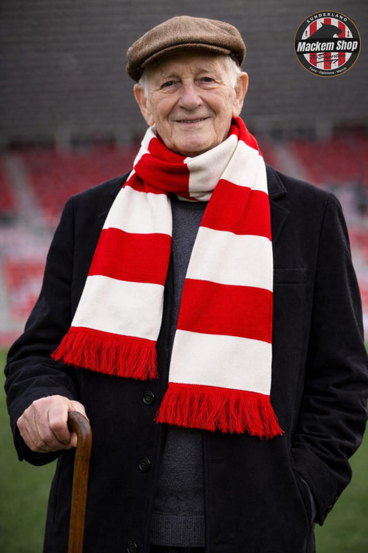Man wearing a Classic Sunderland red and white striped scarf with a blurred stadium background