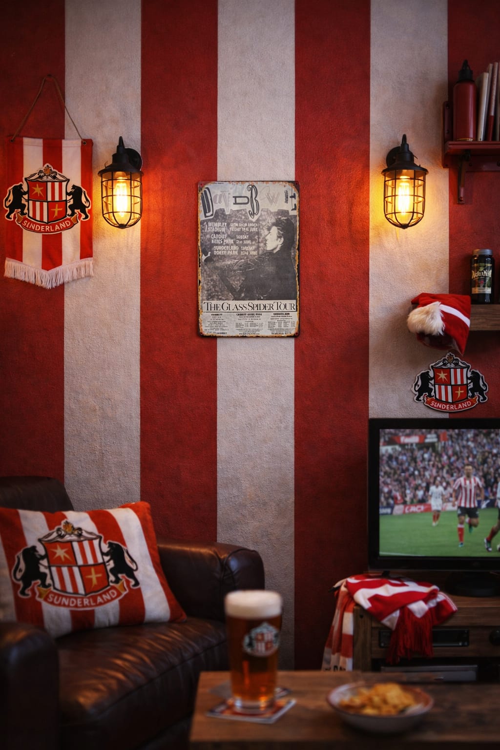 Living room with a Mackem shop Sports memorabilia on a red and white striped wall, a couch, a TV showing a sports game, and decorative items.