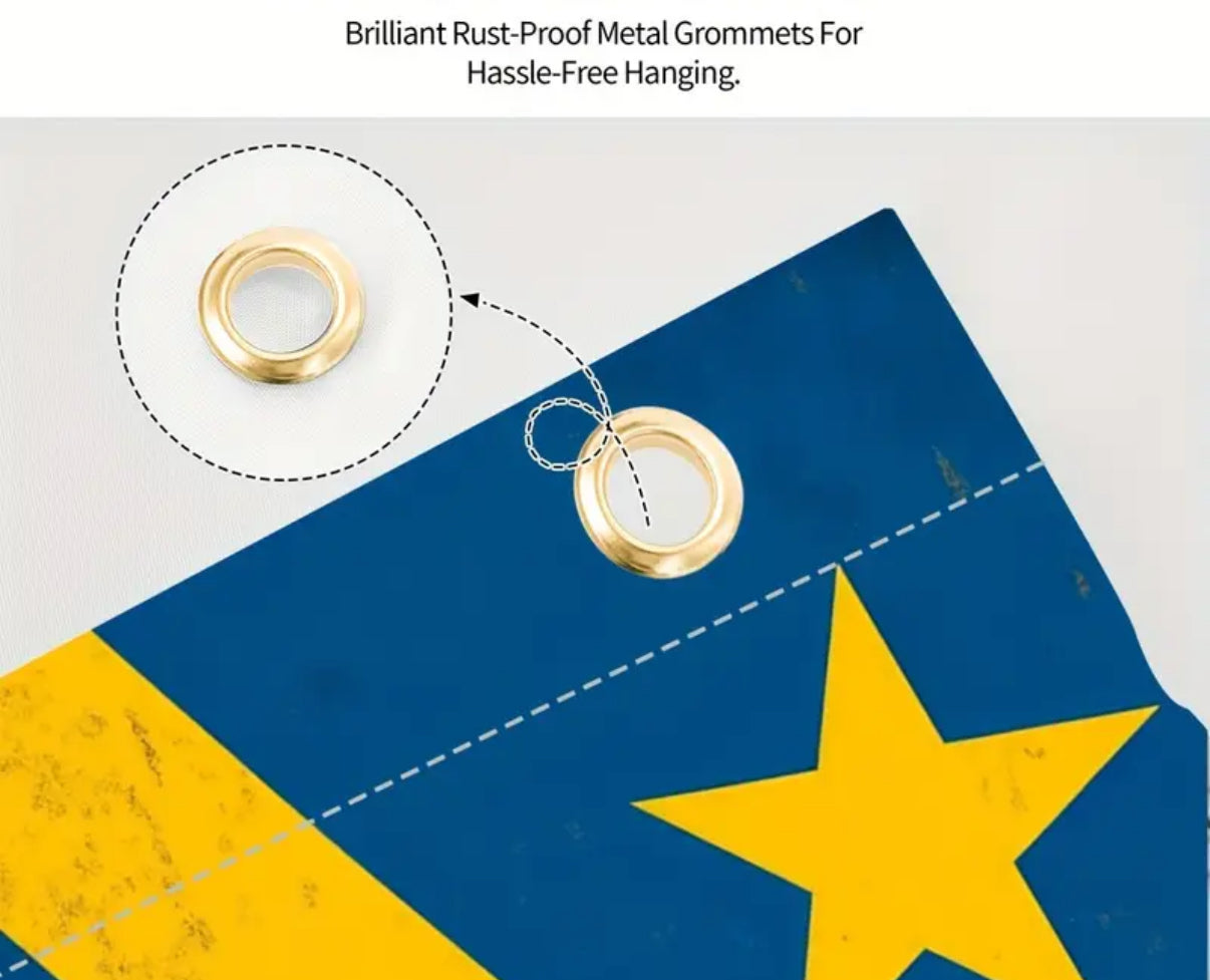 Blue flag with yellow star and metal grommets on a white background