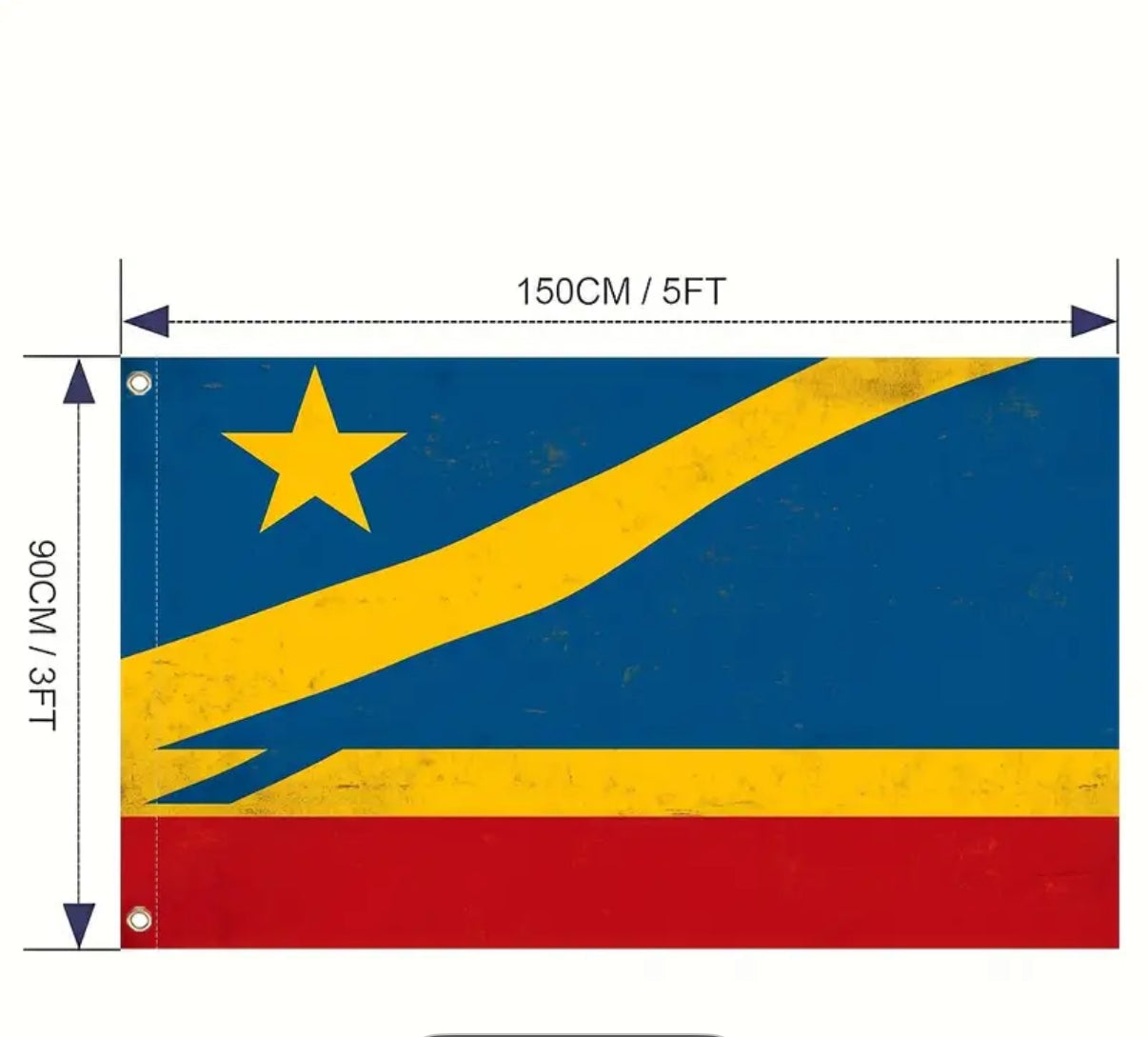 Flag with a yellow star and blue, yellow, and red horizontal stripes, with dimensions indicated.