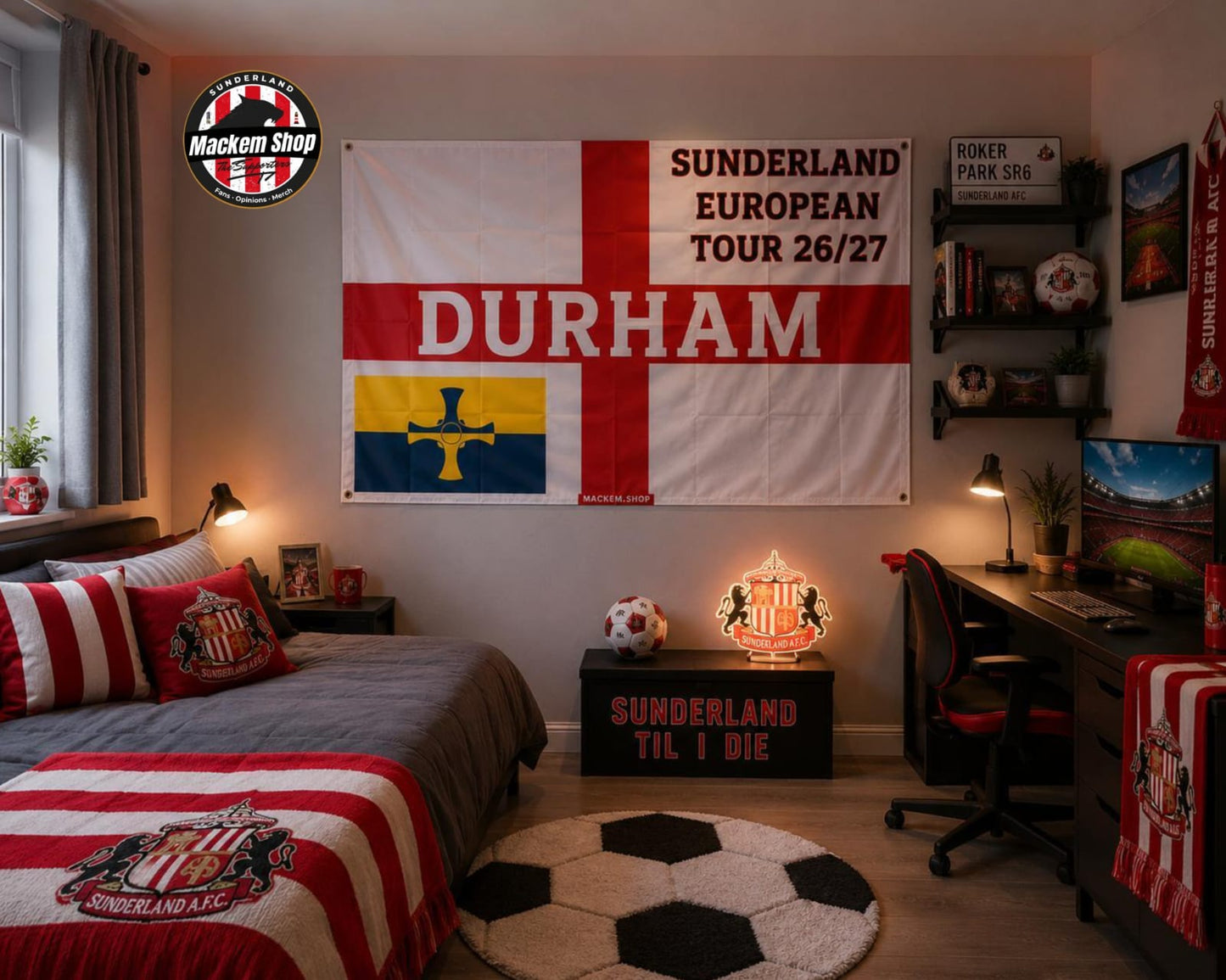 Bedroom with Sunderland football club-themed decor, including a large flag and branded merchandise.