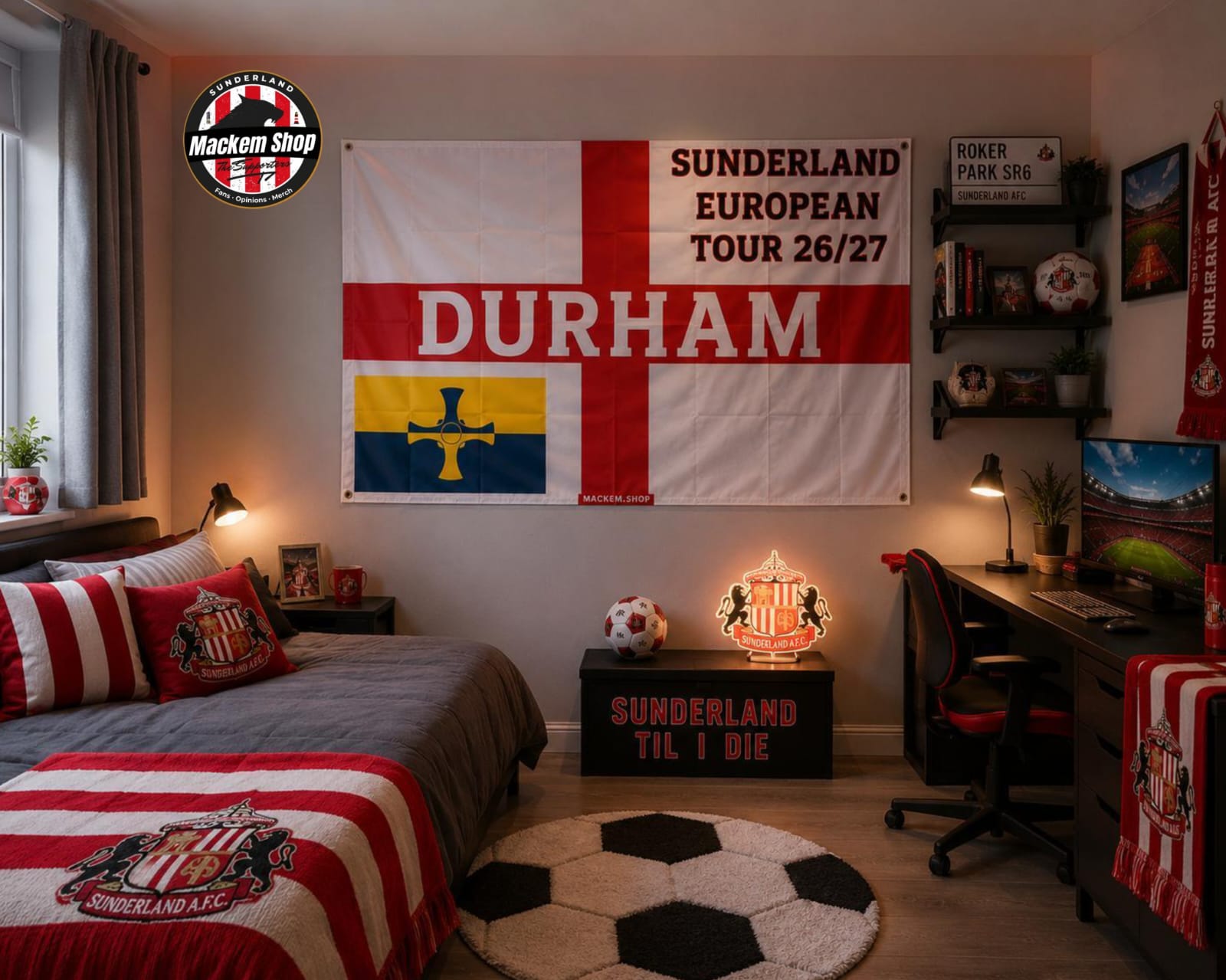 Bedroom with Sunderland football club-themed decor, including a large flag and branded merchandise.