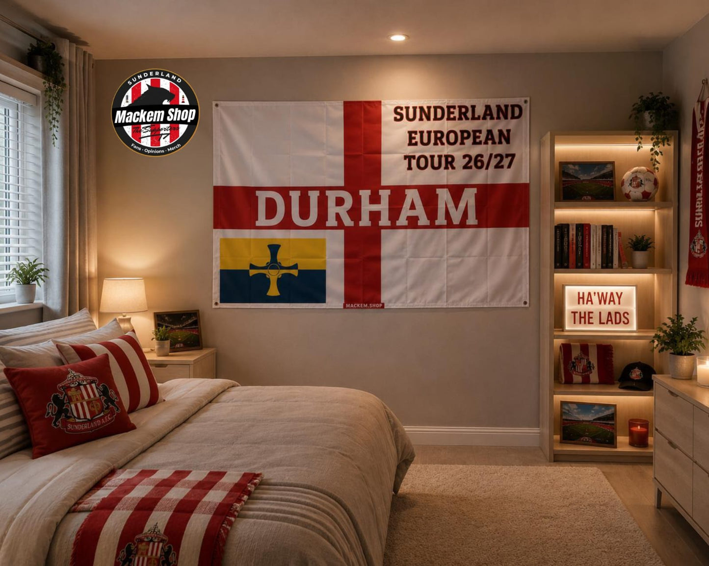 Bedroom with a large 'Durham' flag on the wall, featuring text and a cross design.