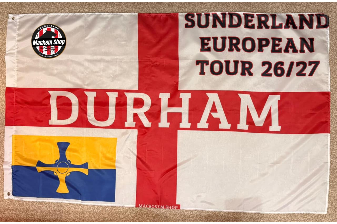 Flag with 'Sunderland European Tour 26/27 Durham' text and a logo on a beige background