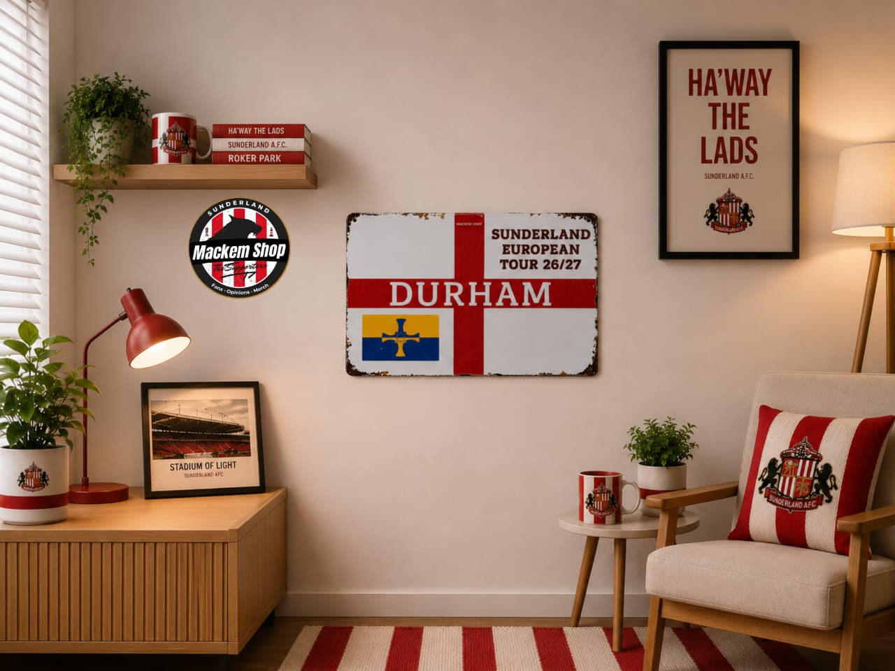 Living room with decor elements including a 'Durham' sign, framed pictures, and a lamp.