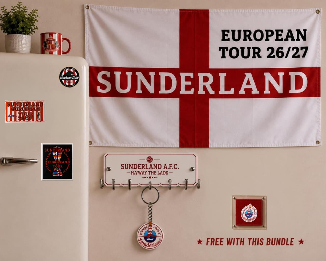European Tour Bundle consisting of Flag, Fridge Magnets, Keychain and a badge by MackemShop.