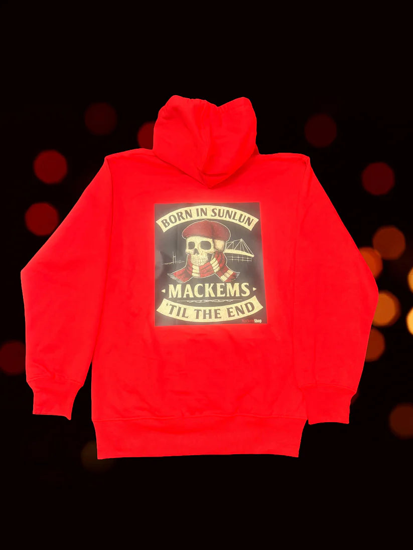 Red hoodie with a graphic design on the back against a dark background