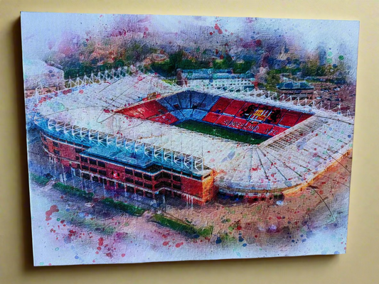 Artistic depiction of the Stadium Of Light, Sunderland with watercolor effects on a textured surface