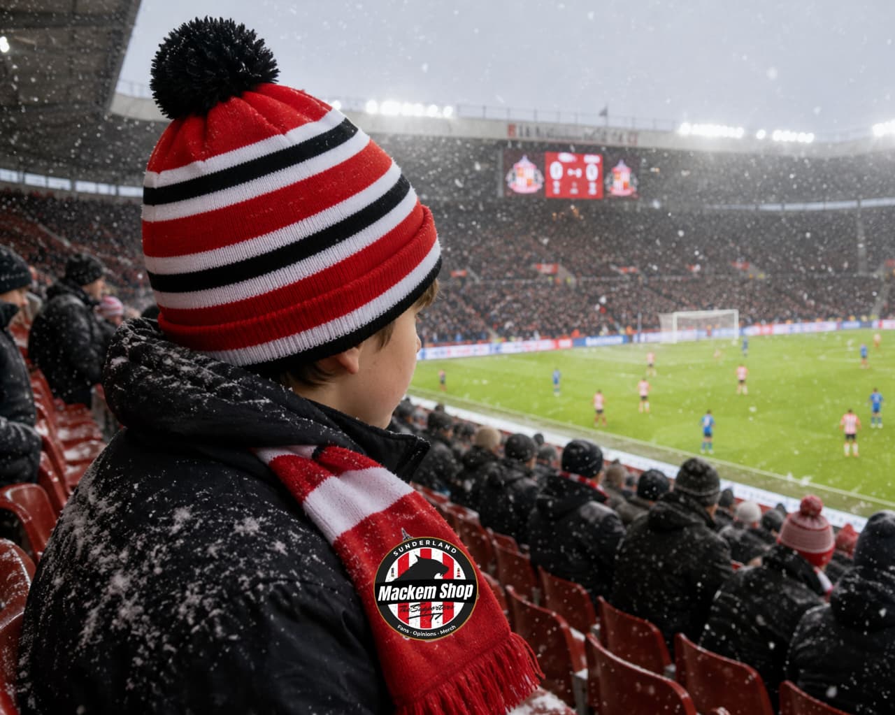 Person wearing a red and black striped beanie and scarf at a snowy soccer stadium.