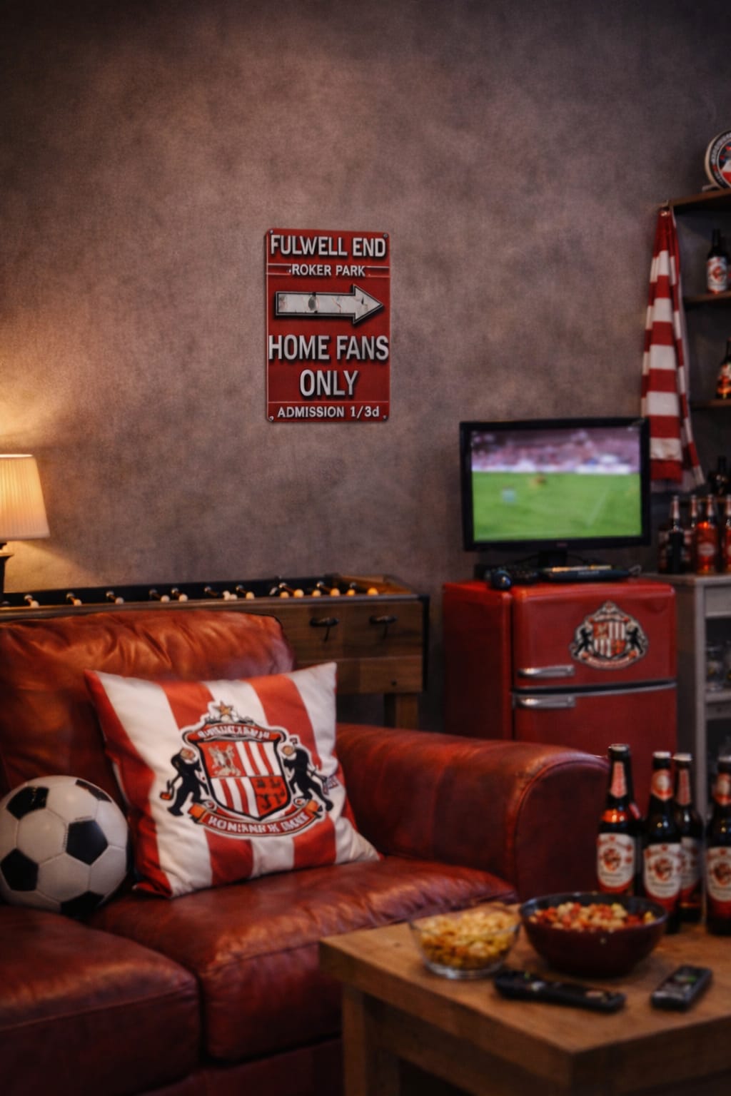 Mackem shop Fulwell End metal sign for HOME FANS ONLY in a Home bar with red sofa, sports-themed decor, and TV showing a match.