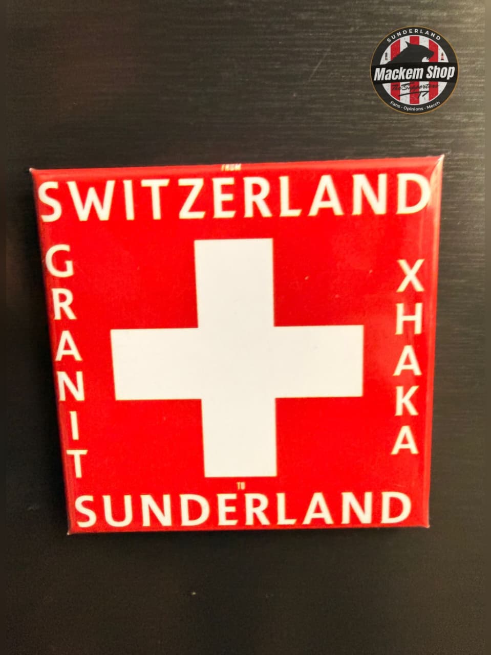 Red and white Switzerland flag magnet with names around on a dark background