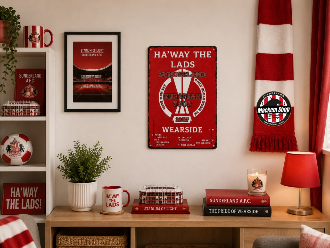 Room interior with Sunderland AFC-themed decor, including a sign, mug, and scarf.