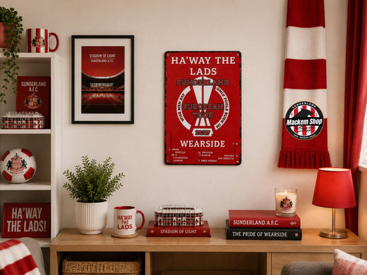 Room interior with Sunderland AFC-themed decor, including a sign, mug, and scarf.