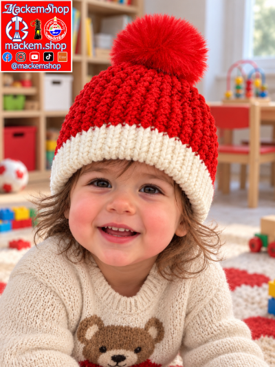 A smiling toddler wearing a red and cream knit Santa hat with a large pom-pom, photographed indoors in a playroom. A red and white Mackem Shop logo overlay appears in the top-left corner.