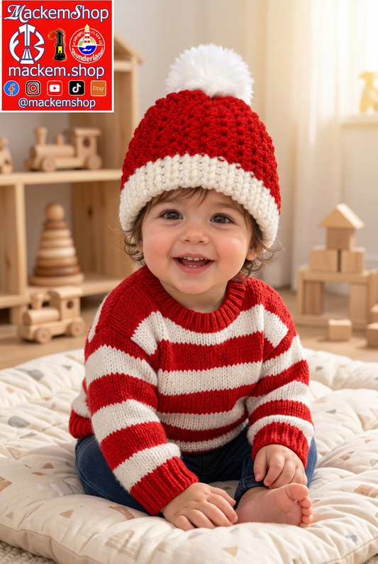 A smiling toddler wearing a red and cream crocheted Santa hat with a white pom-pom, seated in a cozy child's room with toys in the background. A 'mackemShop' Logo in the left corner.