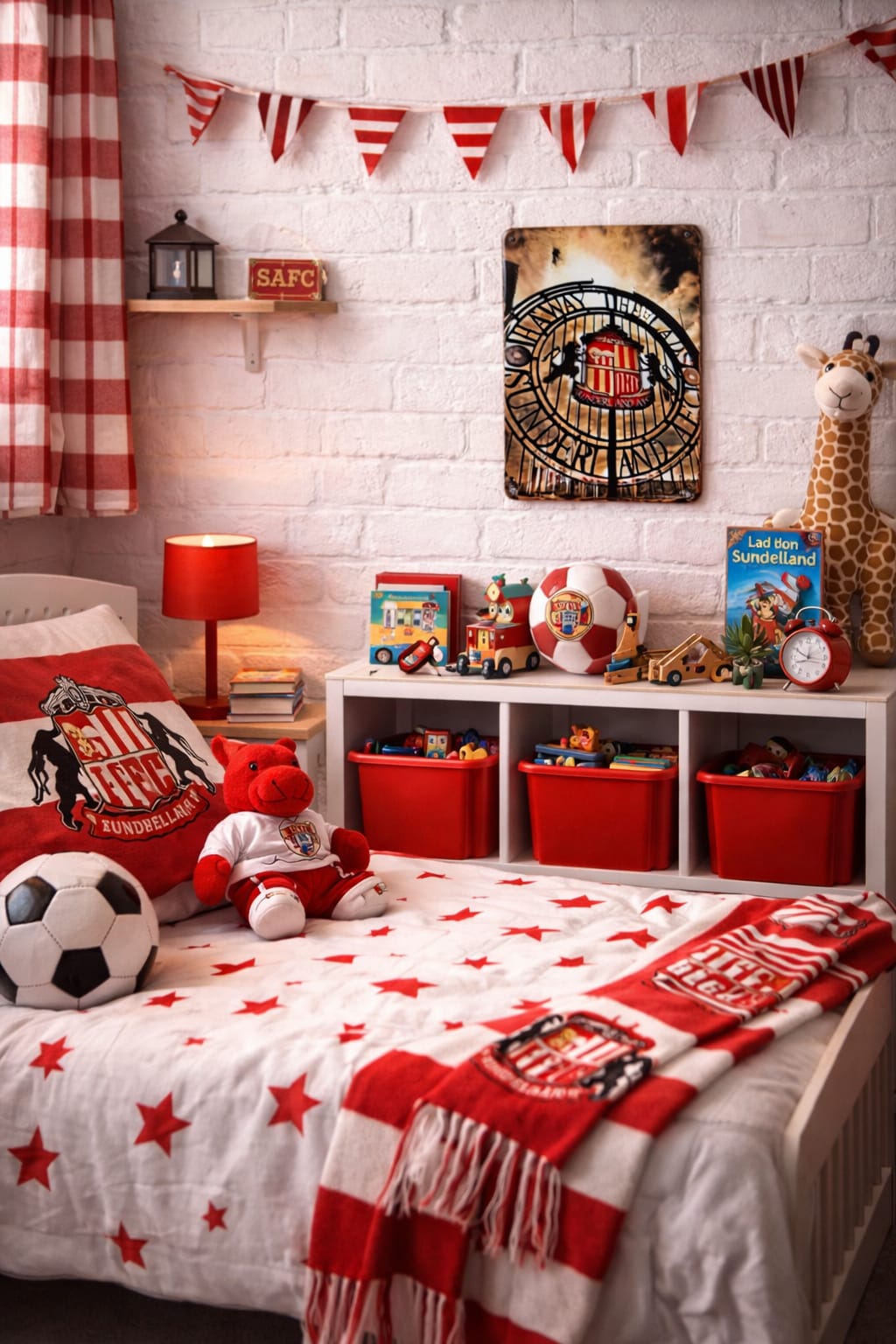 Mackem shop metal sign in a Children's bedroom with red and white theme, including a bed, toys, and decor.