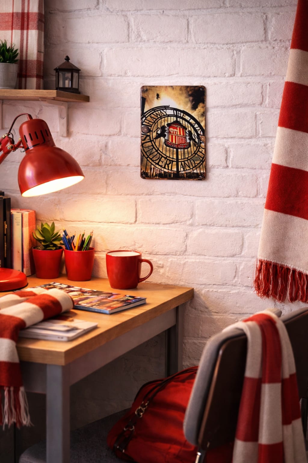 Cozy home office with a desk, red lamp, and a Mackem Shop Metal sign as a decorative item against a white brick wall.
