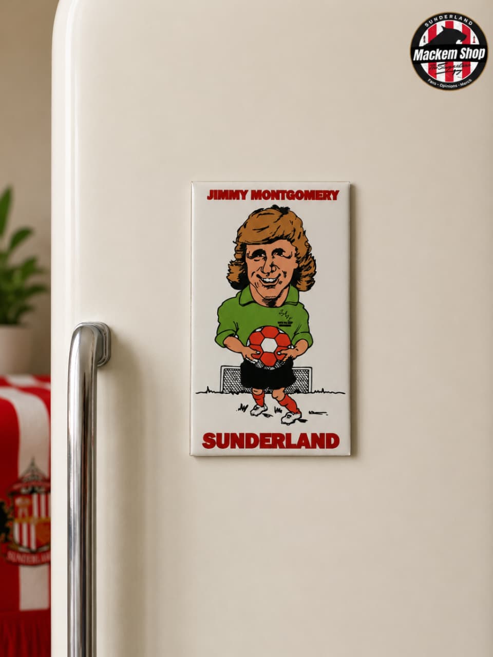 Fridge magnet of Jimmy Montgomery with Sunderland text on a beige refrigerator.