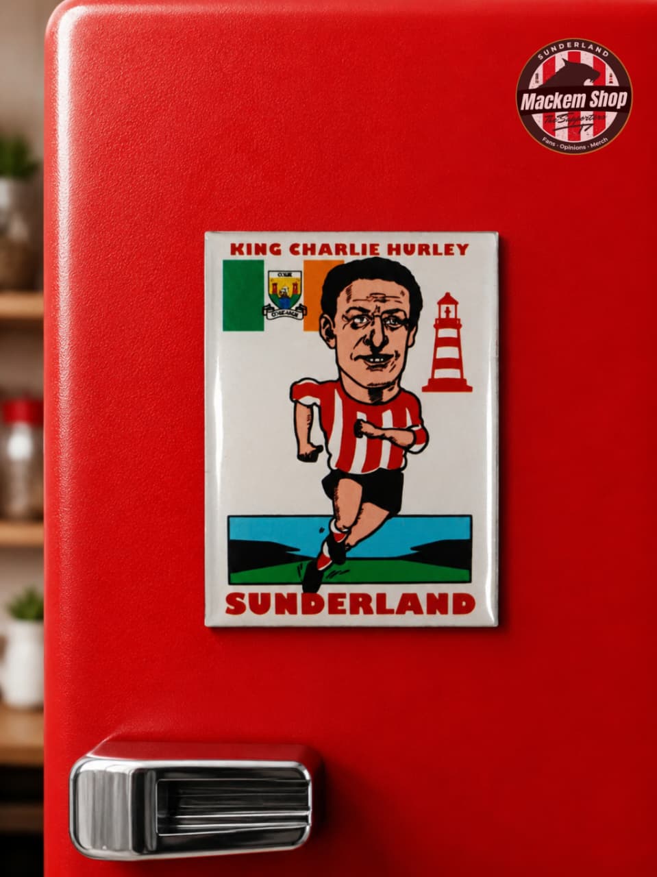 Fridge magnet with a caricature of a sports player and text on a red refrigerator.