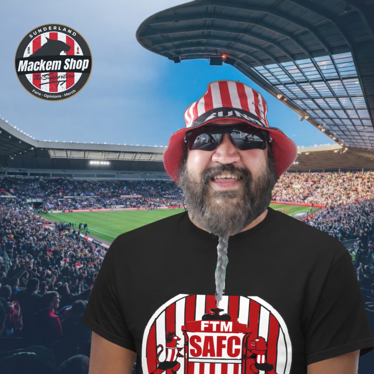 Man wearing a red and white striped hat and sunglasses, standing in front of a stadium with a large crowd.