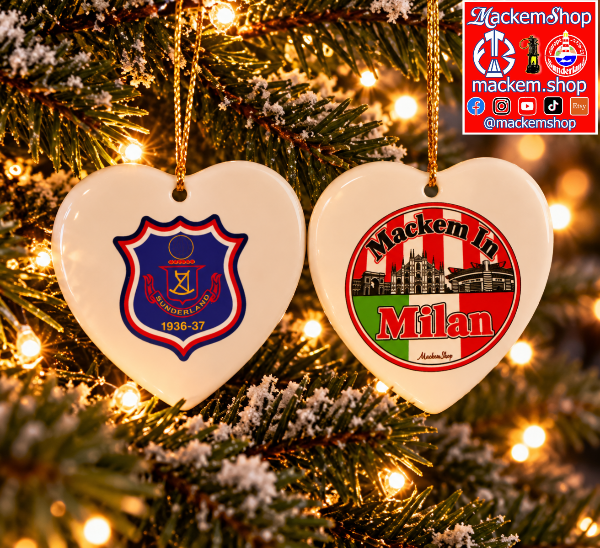 Two white heart-shaped Christmas ornaments hanging on a decorated Christmas tree with warm lights. One ornament features a blue, red, and white Sunderland 1936-37 crest other features a red, white, and green Milan cityscape with 'Mackem in Milan' text.
