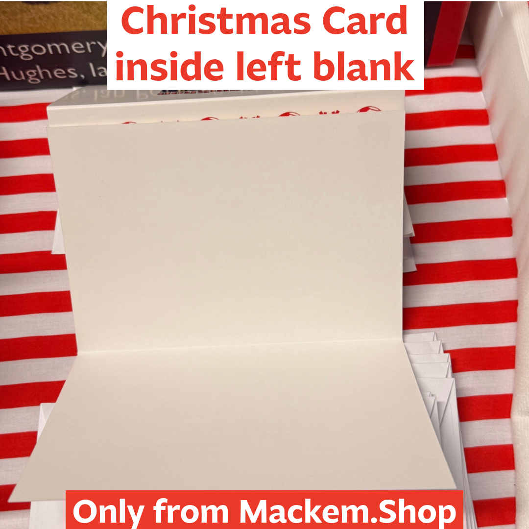 Blank Christmas card inside a red and white striped box with text overlay.