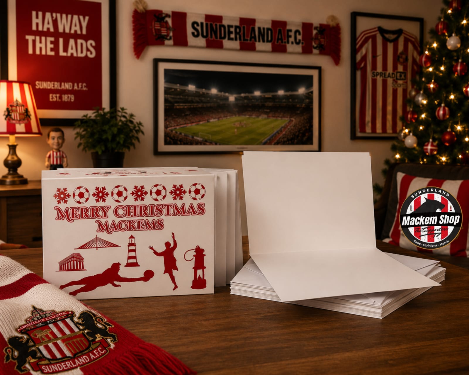 Christmas card with Sunderland A.F.C. branding in a festive room with a Christmas tree and sports memorabilia.