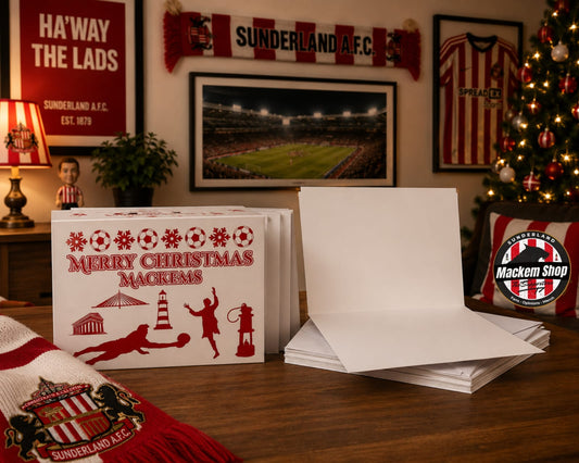 Christmas card with Sunderland A.F.C. branding in a festive room with a Christmas tree and sports memorabilia.
